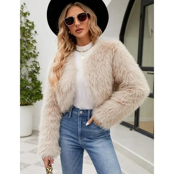 Women's Apricot Gihuo Cropped Faux Fur Coat Open Front Fleece Winter Jacket - Picture 3 of 7